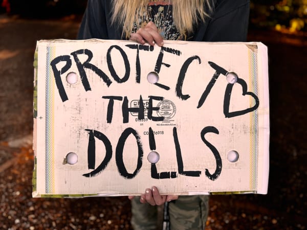 Counter protester carrying a sign in support of the trans and queer community that says "Protect the Dolls"